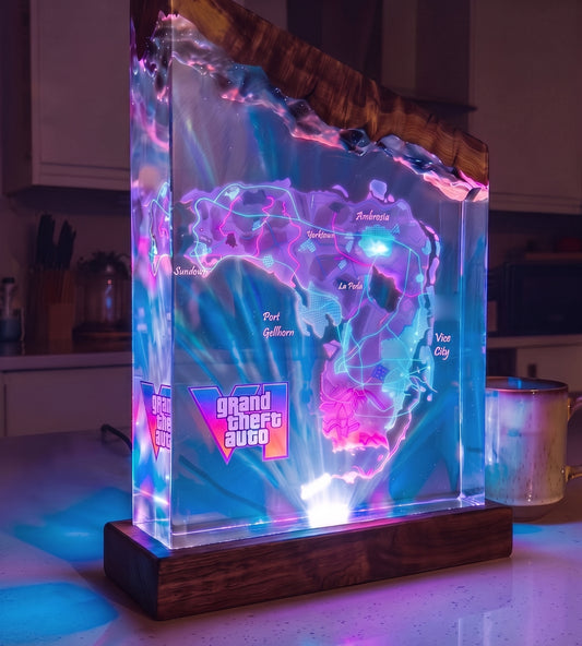 Vice City VI resin lamp, Neon Coast map design, lit in a dark room